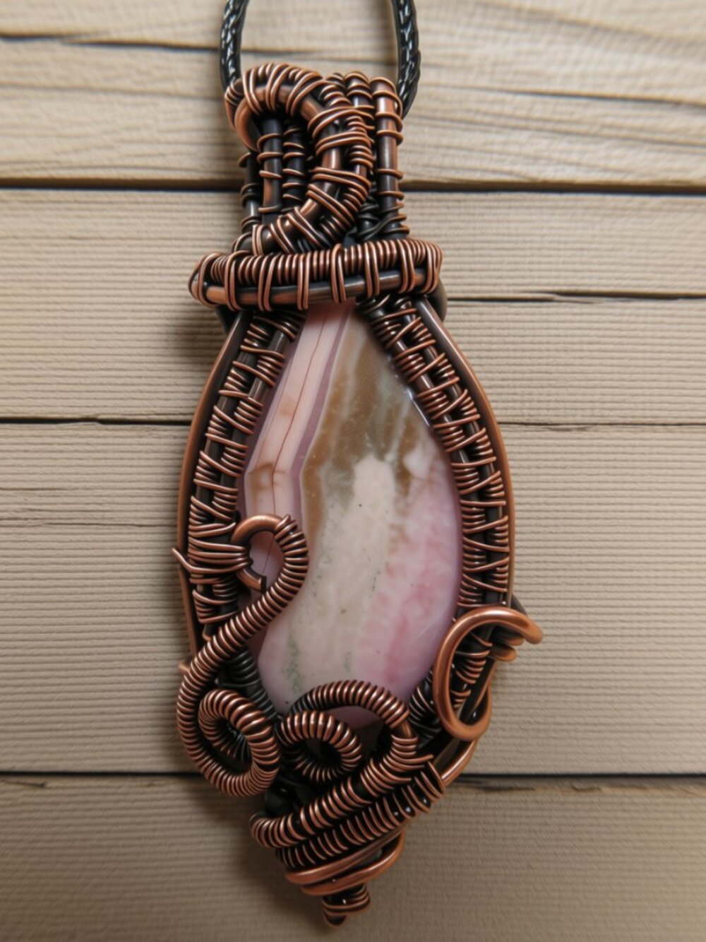 Rhodonite Wire Wrapped Crystal Necklace Oxidized Copper wire Handmade